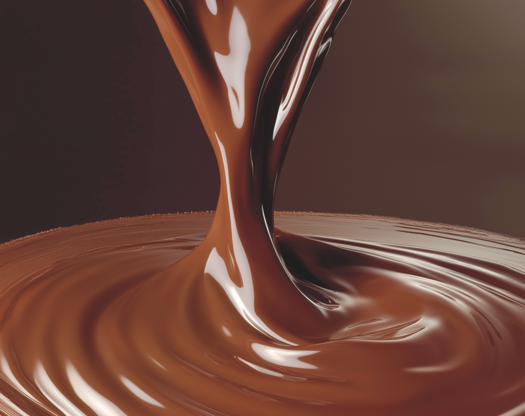 Flüssige, glänzende Schokolade fließt und bildet eine glatte Oberfläche.
