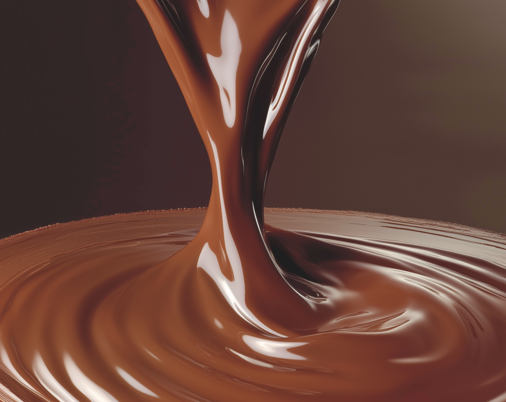 Flüssige Schokolade, die in eine glatte Oberfläche fließt.
