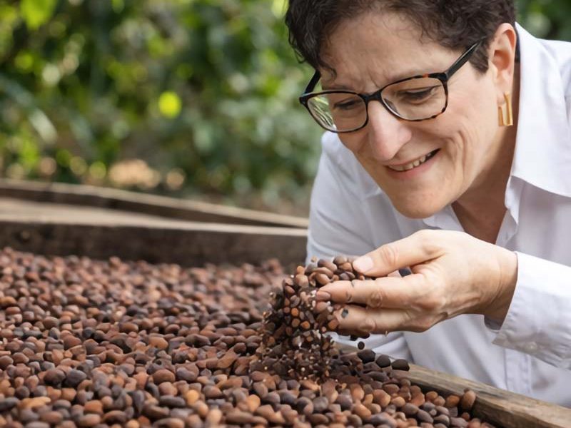 Frau riecht an getrockneten Kakaobohnen auf einem Holztablett mit einem freundlichem Lächeln.