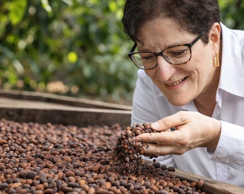 Frau mit Brille prüft Kakaobohnen auf einem Trocknungstablett in einer Kakaoplantage