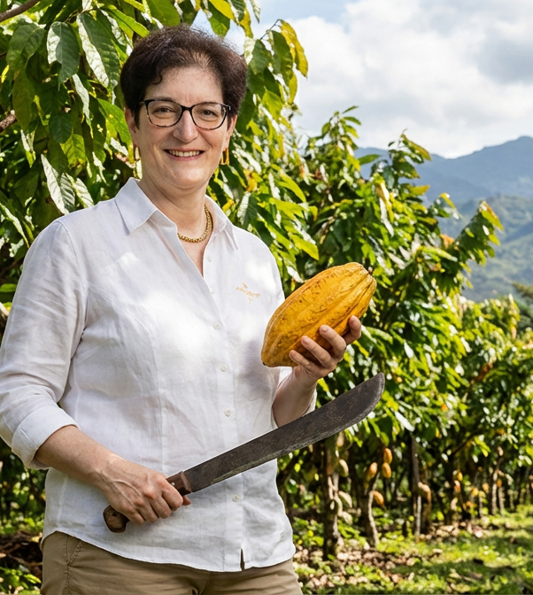 Frau in weißem Hemd mit einer Machete und Kakaofrucht in einer Kakao-Plantage vor Bergen.